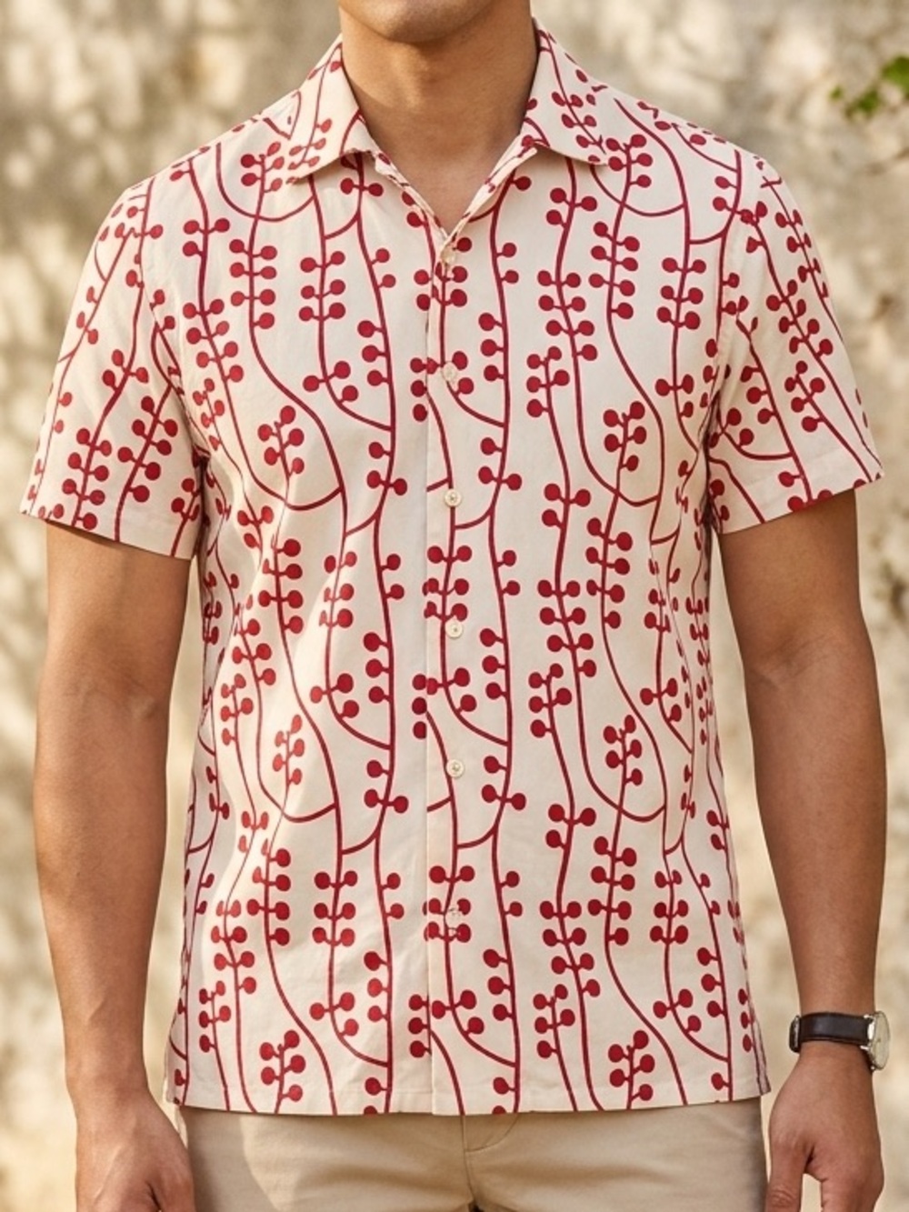 Hugo Boss Red Vine Print Button Up Shirt Cotton Short Sleeve Large